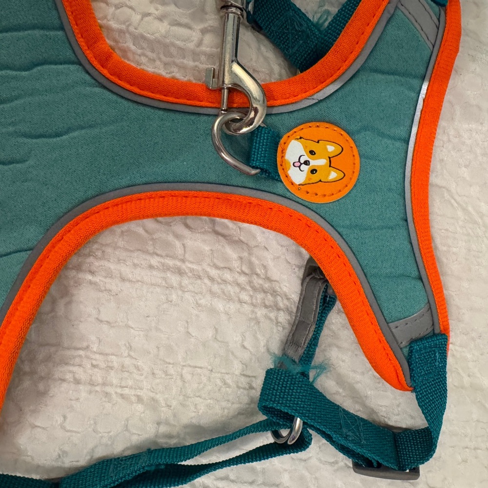 Amazon Teal and Orange Dog Harness with Corgi Patch Accent